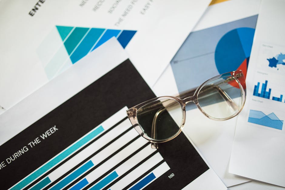Close-up of eyeglasses resting on financial documents with various charts and graphs.